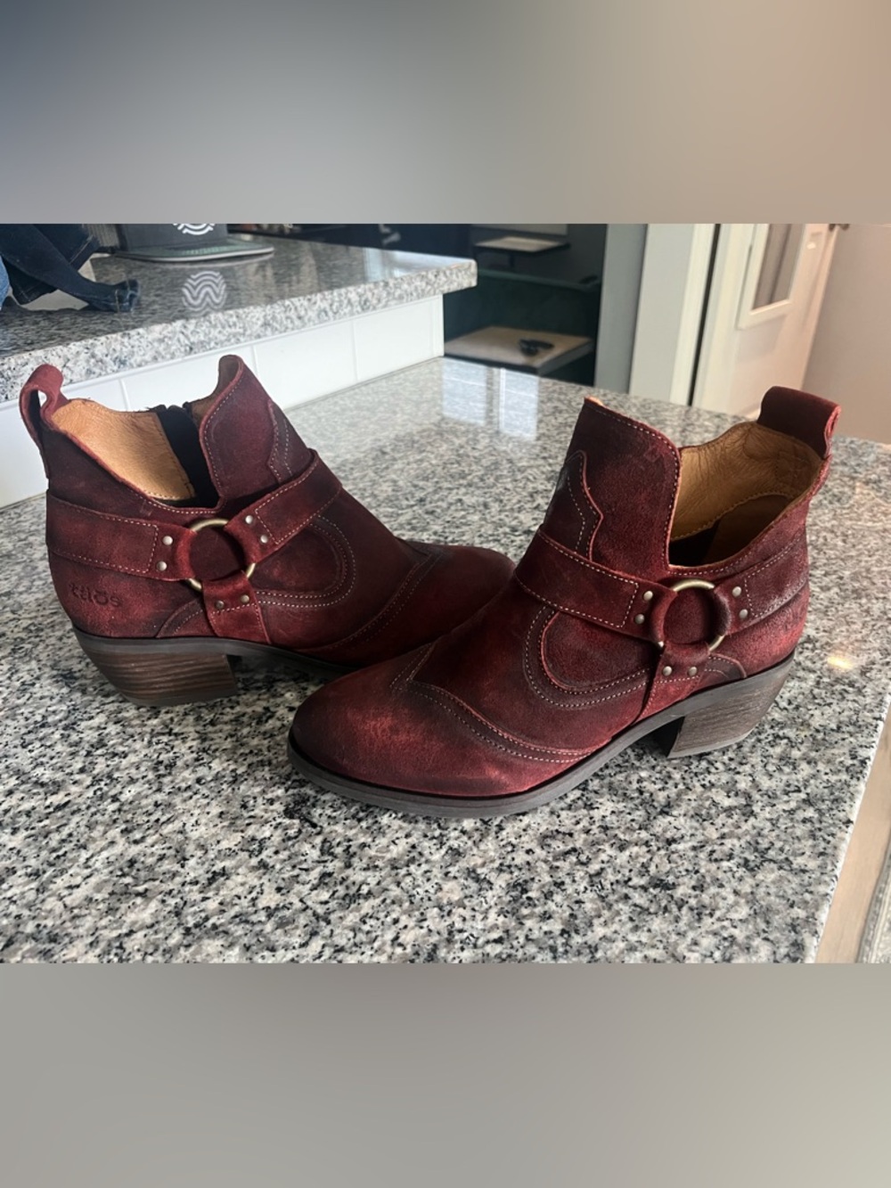 Taos Howdy Burgundy Suede Ankle Booties with Harness Strap